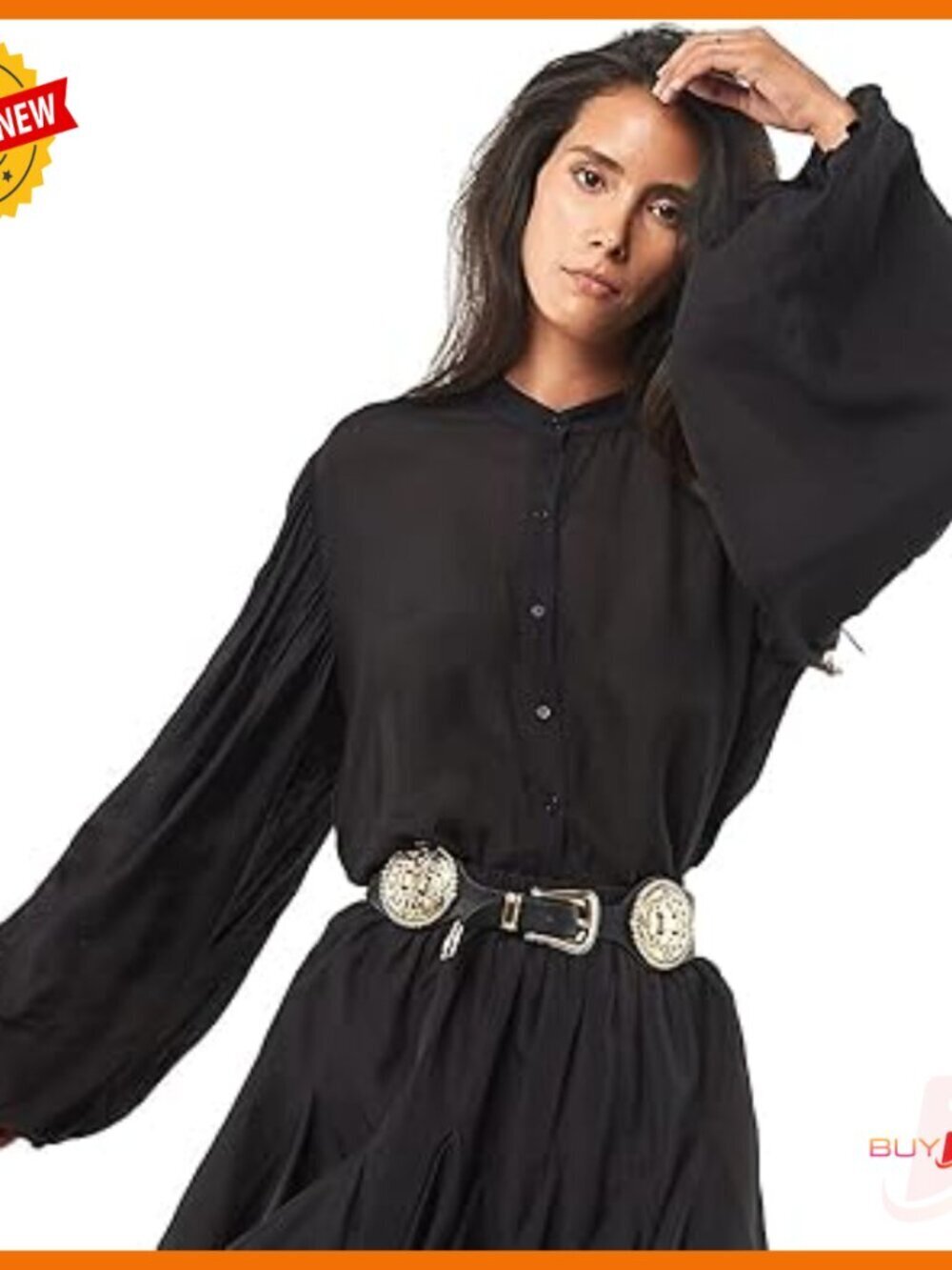Long Sleeve Button Down Blouse with Puff Sleeves and High Low Hem